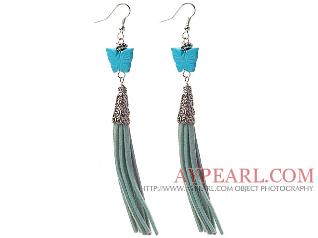 Long style de forme de papillon bleu turquoise balancent des boucles d'oreille en cuir de gland avec le gland en cuir