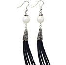 Long Style Round Shape White Seashell Dangle Leather Tassel Earrings with Black Leather Tassel