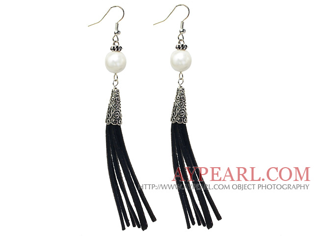 Long Style Round Shape White Seashell Dangle Leather Tassel Earrings with Black Leather Tassel