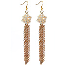 Long Style 3-4mm White Freshwater Pearl Tassel Earrings with Metal Chain Tassel