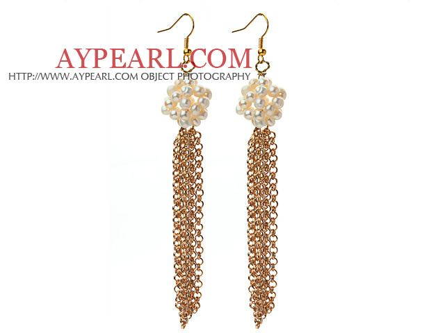 Long Style 3-4mm White Freshwater Pearl Tassel Earrings with Metal Chain Tassel