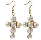 Fashion Style Cross Shape 7-9mm White Freshwater Pearl Earrings