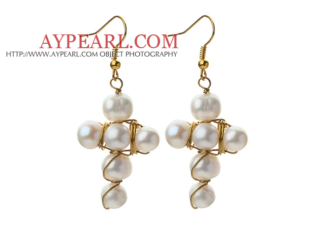 Fashion Style Cross Shape 7-9mm White Freshwater Pearl Earrings