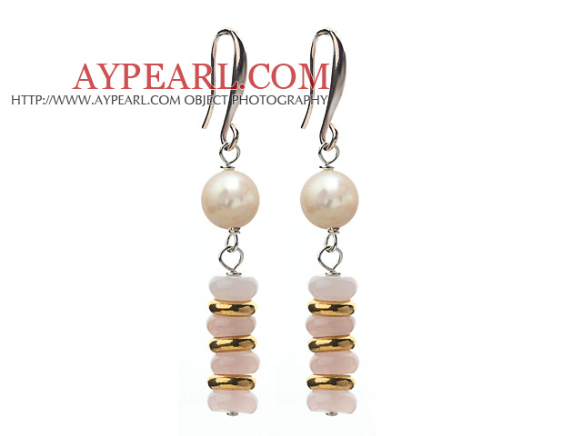 Fashion Style White Freshwater Pearl and Rose Quartz Dangle Earrings