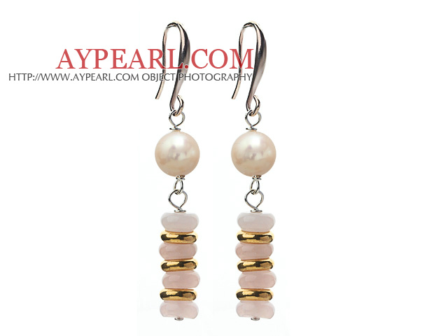 Fashion Style White Pearl γλυκού νερού και Rose Quartz θαυμαστής σκουλαρίκια