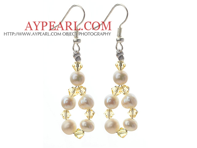 Fashion Style White Freshwater Pearl and Yellow Crystal Dangle Earrings