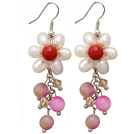 White Freshwater Pearl Crystal and Red Coral and Pink Jade Dangle Earrings