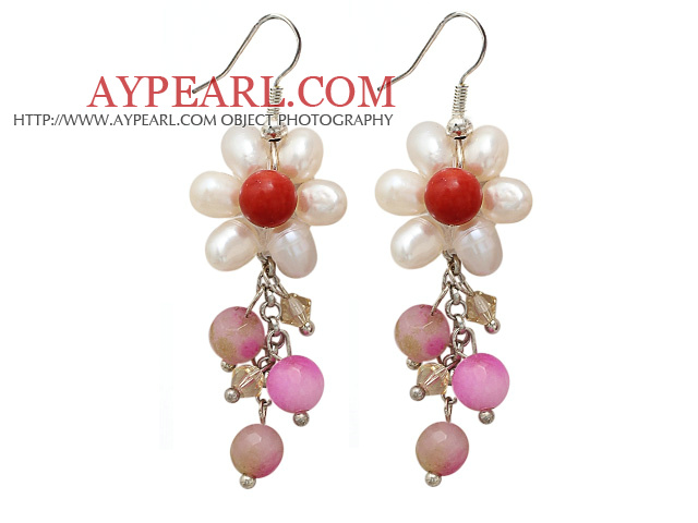 Vit Sötvatten Pearl Crystal och Red Coral och rosa jade örhängen dinglar
