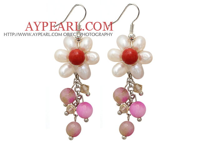 Blanc Perle de cristal et de corail rouge et rose Boucles d'oreilles Jade