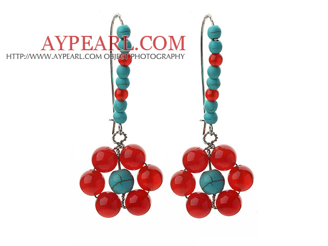 Fashion Style Assorted Carnelian and Green Turquoise Flower Shape Earrings