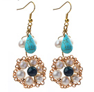 Fashion Style White Freshwater Pearl and Teardrop Shape Turquoise and Phoenix Earrings