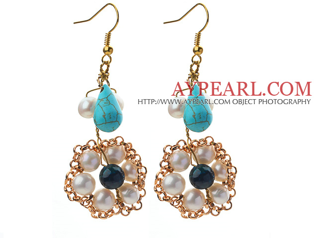 Fashion Style White Freshwater Pearl and Teardrop Shape Turquoise and Phoenix Earrings