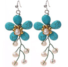New Design Teardrop Shape Turquoise and White Freshwater Pearl Flower Crocheted Earrings