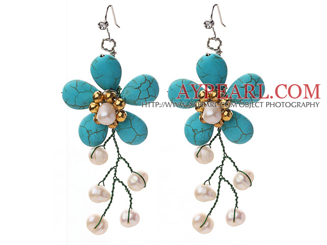 New Design Teardrop Shape Turquoise and White Freshwater Pearl Flower Crocheted Earrings