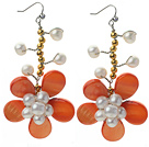 White Freshwater Pearl and Golden Color Metal Beads and Orange Shell Flower Crocheted Earrings