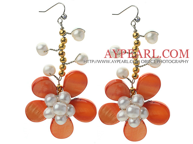 White Freshwater Pearl and Golden Color Metal Beads and Orange Shell Flower Crocheted Earrings