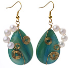 Wire Wrapped Teardrop Shape Lake Blue Shell and White Freshwater Pearl Earrings
