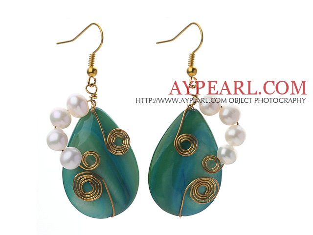 Wire Wrapped Teardrop Shape Lake Blue Shell and White Freshwater Pearl Earrings