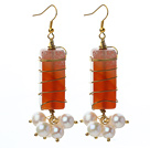 Wire Wrapped Rectangle Shape Carnelian and White Freshwater Pearl Earrings