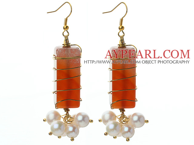 Wire Wrapped Rectangle Shape Carnelian and White Freshwater Pearl Earrings