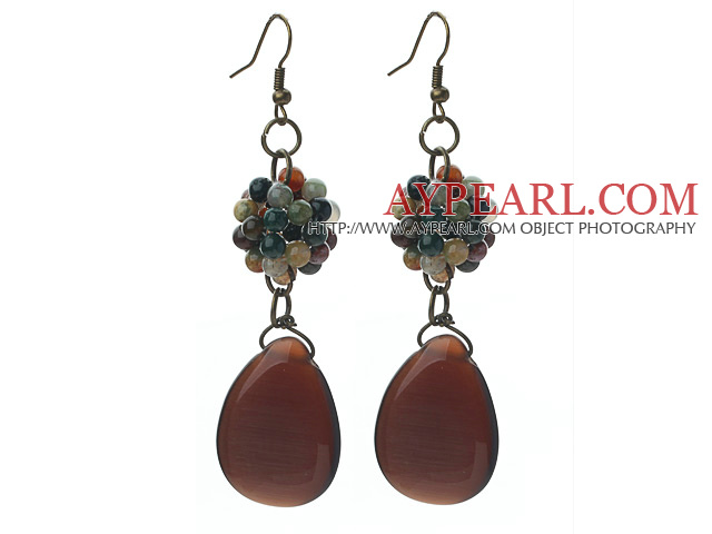 Vintage Style Indian Agate and Teardrop Shape Tiger Eye Dangle Earrings