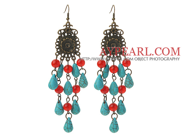 Forme de larme de turquoise Boucles d'oreilles style vintage assortis cornaline et