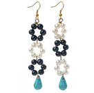 Nouveau design forme de larme de turquoise Boucles d'oreilles Lien noir et blanc perle d'eau douce et