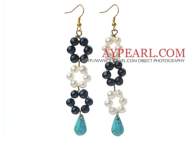 New Design Black and White Freshwater Pearl and Teardrop Shape Turquoise Link Earrings