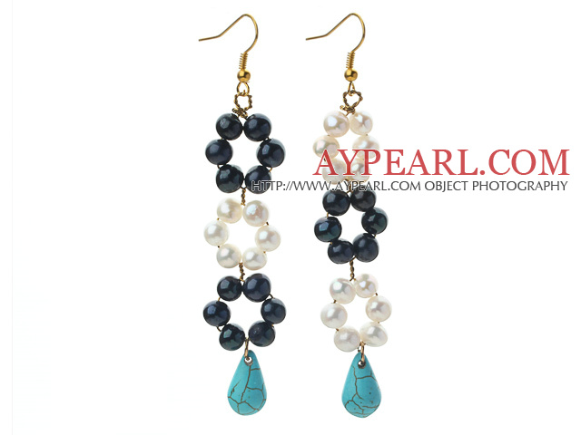 Νέα σχεδίαση Black and White Pearl γλυκού νερού και Teardrop σχήμα τιρκουάζ σκουλαρίκια Σύνδεσμος