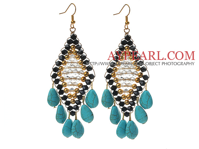 Black and Golden Color Crystal and Teardrop Shape Turquoise Earrings