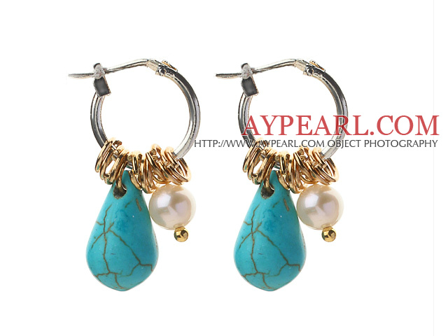 White Freshwater Pearl and Teardrop Shape Turquoise Earrings