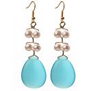 Wholesale White Freshwater Pearl and Teardrop Shape Blue Cats Eye Dangle Earrings