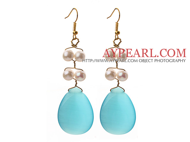 Blanc perle d'eau douce et en forme de larme chats Blue Eye Boucles d'oreilles