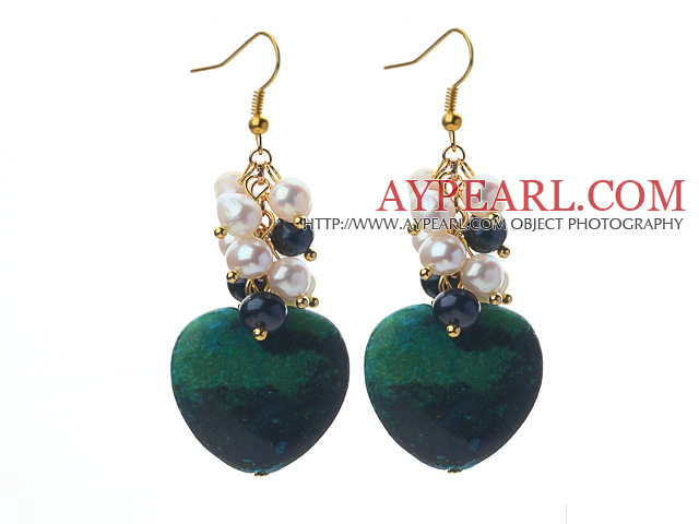 White and Black Freshwater Pearl and Heart Shape Phoenix Stone Earrings