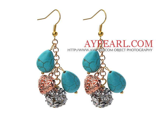 Ποικιλία Teardrop Turquoise Σχήμα και μεταλλικά εξαρτήματα σχήμα καρδιάς και τεχνητό διαμάντι σκουλαρίκια
