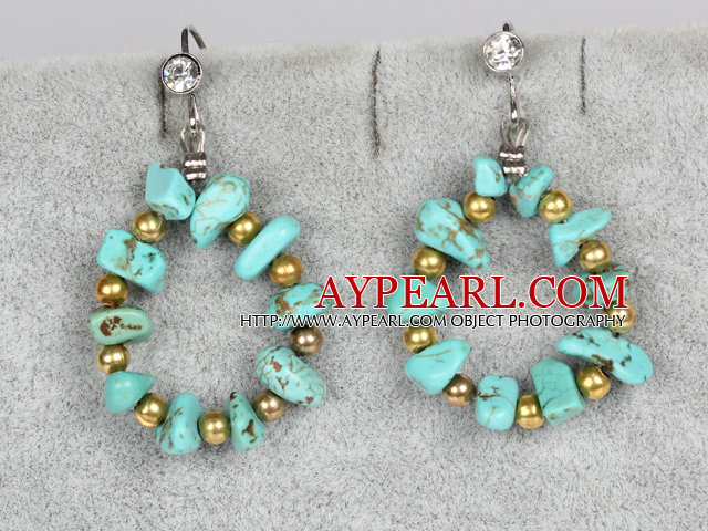 Irregular Shape Turquoise and Golden Color Metal Beads Big Loop Earrings