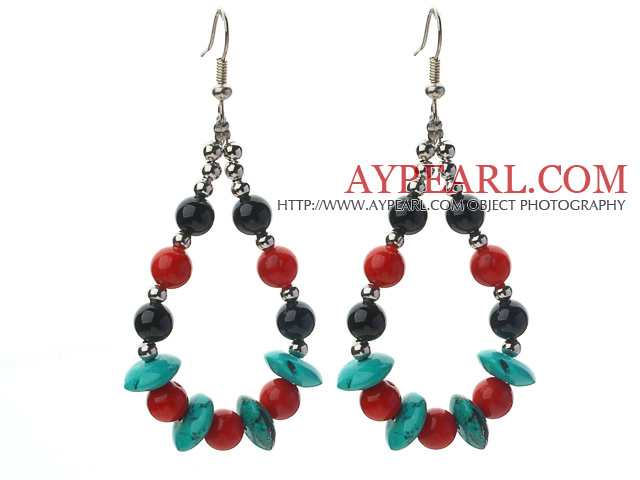 Assorted Turquoise and Red Coral and Black Agate Teardrop Shape Earrings