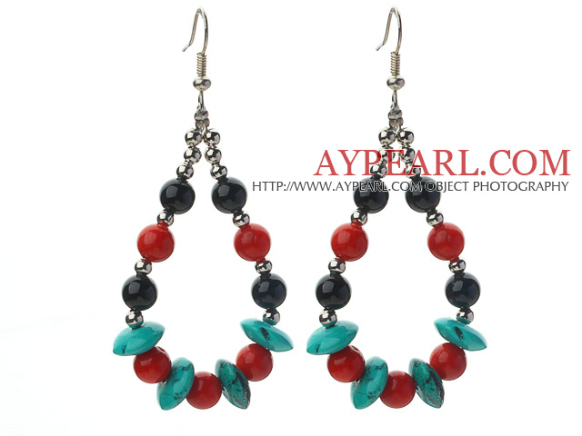 Assortiment de turquoise et corail rouge et noir agate Boucles d'oreilles en forme de larme