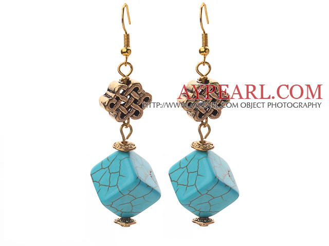Cube Shape Turquoise and Chinese Knot Shape Metal Accessories Earrings