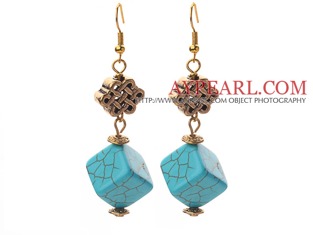 Cube Turquoise Σχήμα και Κινέζοι Knot μεταλλικά εξαρτήματα σχήμα σκουλαρίκια