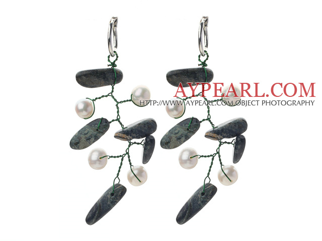 White Freshwater Pearl and Phoenix Branch Shape Earrings