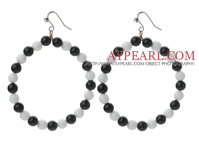 Round Black Crystal and White Porcelain Stone Big Loop Earrings