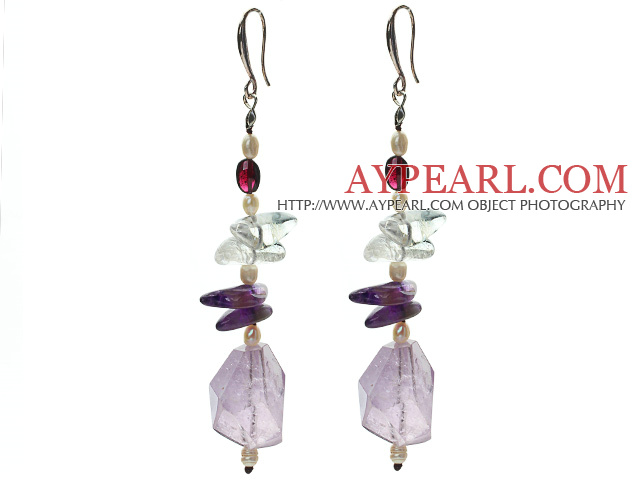 White Freshwater Pearl and Clear Crystal and Irregular Shape Amethyst Dangle Earrings