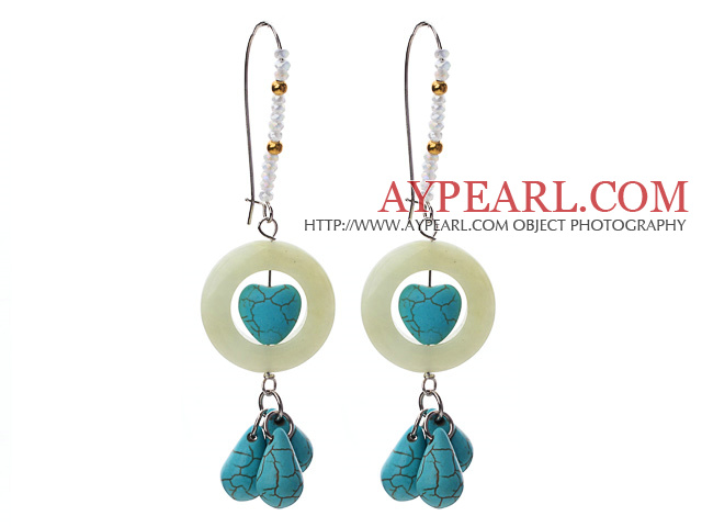 Fashion Style forme de beignet Jade Serpentine et boucles d'oreilles turquoise et cristal