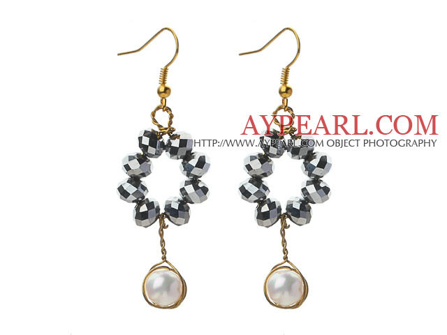 New Design White Freshwater Pearl and Tungsten Steel Color Crystal Dangle Earrings
