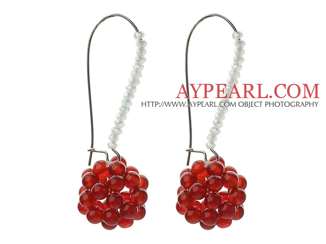 Fashion Style Ball Shape Carnelian and Milk Color Crystal Earrings