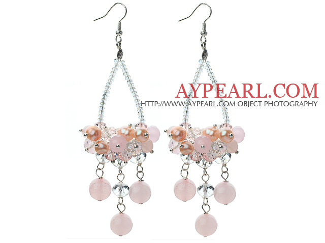 Ροζ Σειρά σαφείς Crystal και ροζ κρύσταλλο και Rose Quartz Σκουλαρίκια