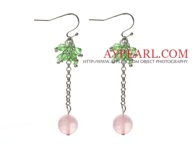 Dangle Style Round Rose Quartz and Green Crystal Long Earrings