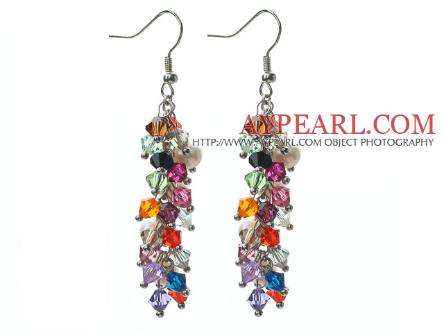 Assorted White Freshwater Pearl and Multi Color Austria Crystal Dangle Earrings