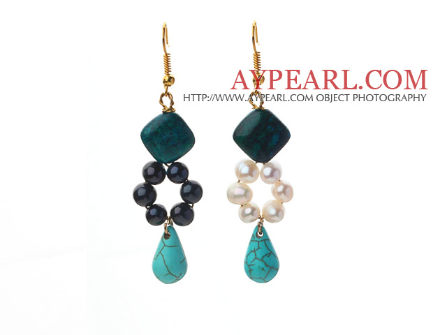 mode noir blanc perle d'eau douce losange phoenix pierre et larme boucles d'oreilles turquoise